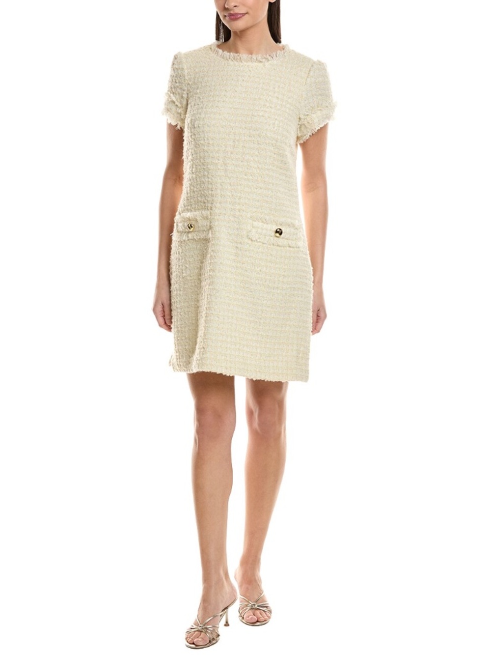Sail to Sable Halsbrook Cream Textured Bouclé Shift Dress with Gold Buttons